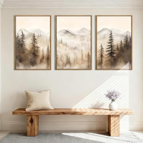 Large Mountain Forest Wall Art Set of 3 - Framed Canvas Prints, 16x24 Inches, Brown Variation