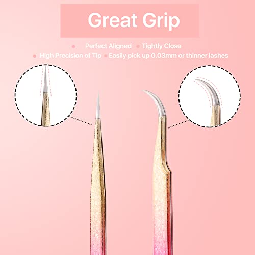 Straight and Curved Pointed Tweezers for Eyelash Extension, 2 PCS Lash Tweezer Set, Stainless Steel Professional Eyelash Extension Tweezers for Volume, Isolation and Classic Lashes