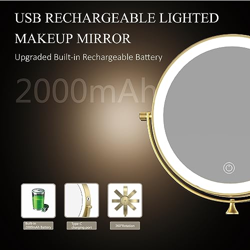 Rechargeable Wall Mounted Lighted Makeup Vanity Mirror 9 Inch Double Sided 1X 10X Magnifying Bathroom Mirror, 3 Color Lighting, Touch Screen Dimming, 360 Rotation Shaving Mirror Gold