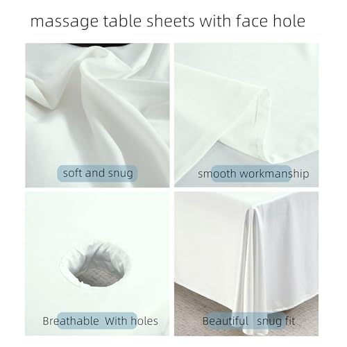 Premium Reusable Massage Table Skirt Sheets with Face Hole - 72x118 Inch White Fitted Bed Cover for Spa & Esthetician Beds