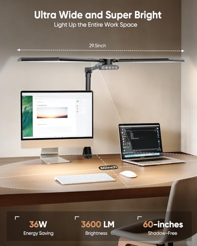 Tuedp 36W Dual-Head LED Desk Lamp with Clamp - Black, Remote Control