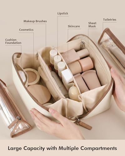 Travel Makeup Bag Set with Waterproof Vegan Leather & Extra Pouches - Classic Beige