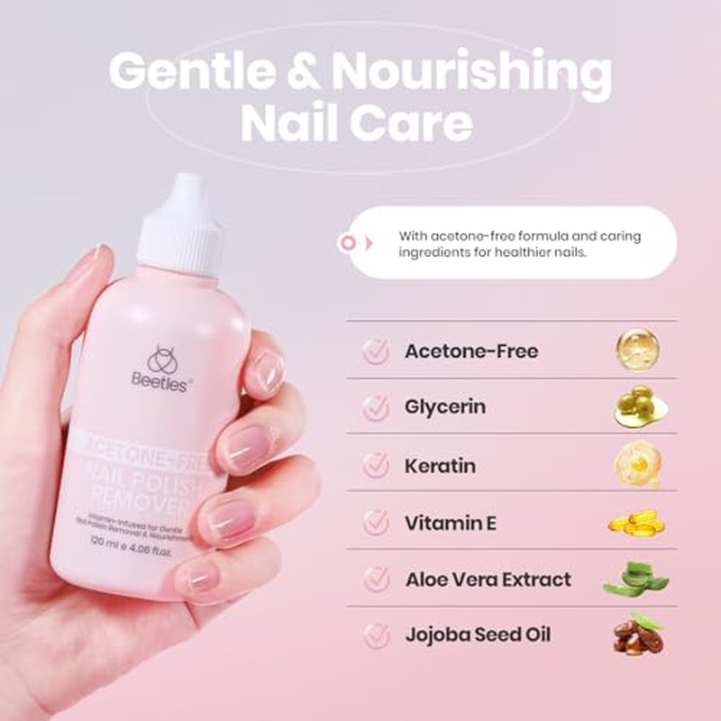 Beetles Non Acetone Nail Polish Remover - 4.06Fl Oz/120ML Nourishing Formula Acetone Free Nail Polish Remover - Non-Drying - Professional Controllable Quick & Gentle Removal for Natural Damaged Nail