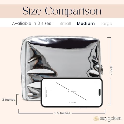 Stay Golden Metallic Silver Insulated Waterproof Makeup Bag for Women Heat-Resistant Travel Cosmetic & Toiletry Bag | Luxurious Vegan Leather Portable Makeup Organizer - Medium