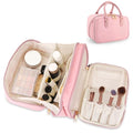 Travel Makeup Bag for Women - Pink, Large Capacity, Stand-Up Cosmetic Organizer with Brush Holder