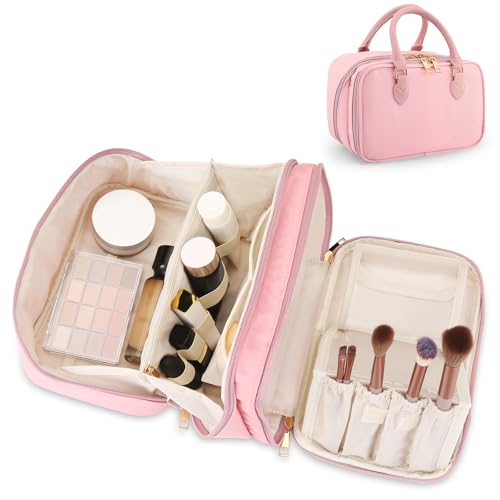 Travel Makeup Bag for Women - Pink, Large Capacity, Stand-Up Cosmetic Organizer with Brush Holder