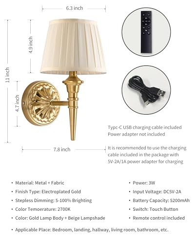 KDG Set of 2 Gold Wall Sconces with Beige Fabric Shades, Dimmable Touch-Control Lamps, Wireless Rechargeable LED Wall Lights