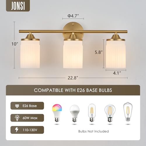 Gold 3-Light Bathroom Vanity Light Fixture with Milk White Shade - 22.8 Inch