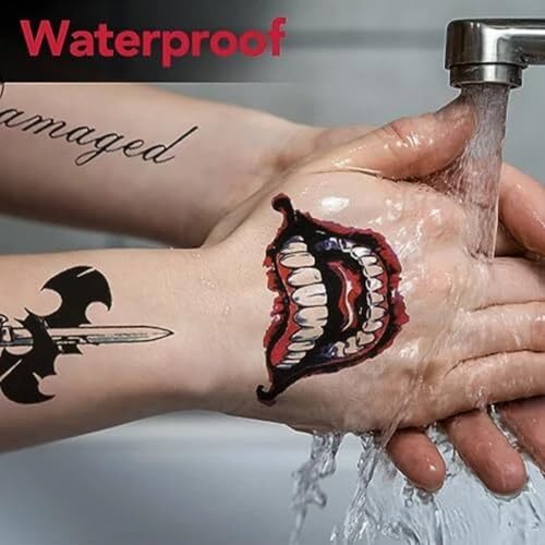 8 Sheets Joker Tattoos, Large-Size Waterproof Halloween Temp Tattoo for Men Women Adults, Suicide Squad Fake Stickers for Clown Costume Masquerade Cosplay Face Makeup Party Accessories