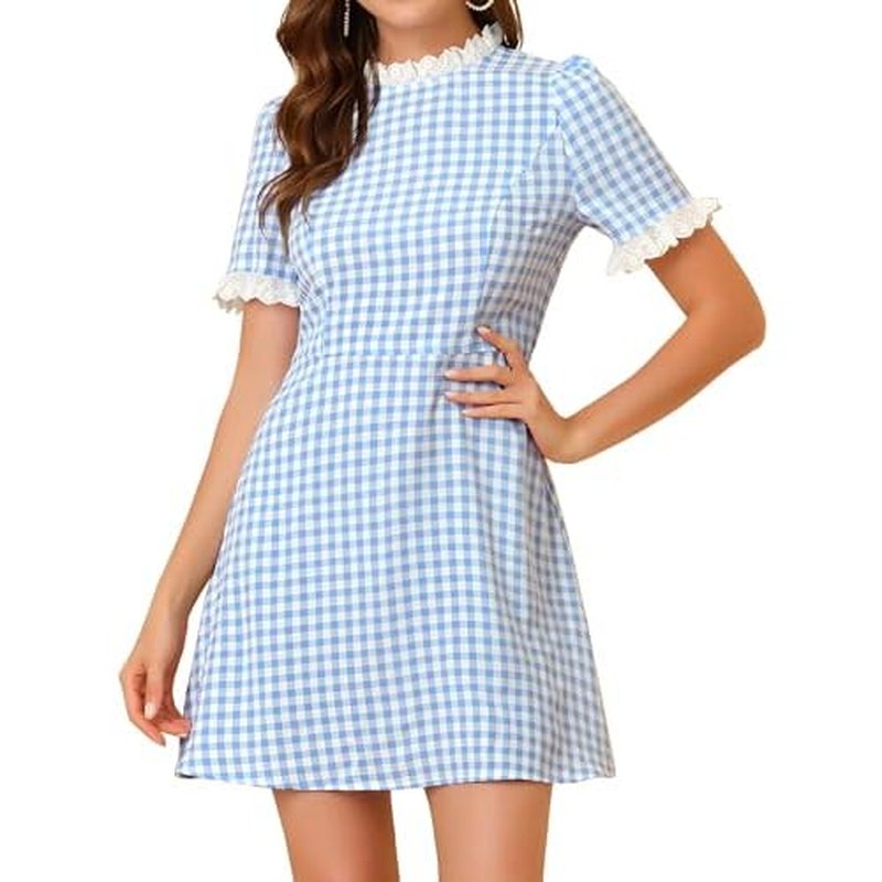Allegra K Women Gingham Dress Summer Short Sleeve Crew Neck Lace Panel Plaid Mini Dresses Halloween Dorothy Costume
