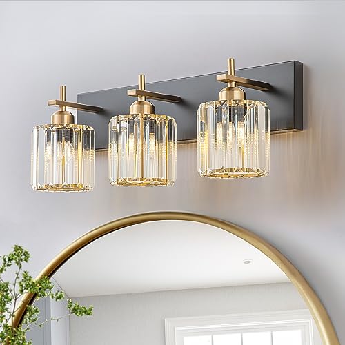 HUOKU Black Gold Round Shade 3-Light Crystal Bathroom Vanity Light Fixture