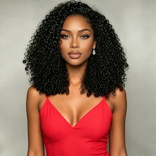 Natural Color 16 Inch Human Hair Kinky Curly Half Wig - 200% Density, Glueless, Volume