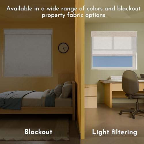 Persilux Blackout Linen Roller Shades - 34.5 x 64 Inches, Cream, Cordless, Insulated Window Blinds for Home & Office