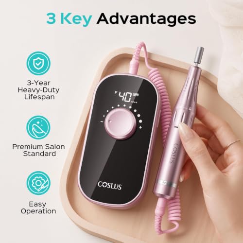 COSLUS E51 Pink Professional Nail Drill - Electric Manicure File, 40,000 RPM