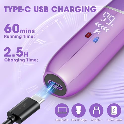 Karrte 6-in-1 Electric Razor for Women's Pubic Hair, Painless Body Shaver and Facial Epilator, Hair Removal for Face, Bikini Trimmer for Women's Private Area Purple
