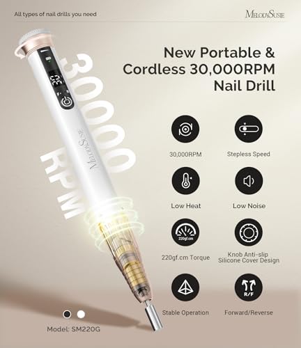 White Cordless Nail Drill Pen-Shaped 30,000RPM for Nail Artists - SM220G