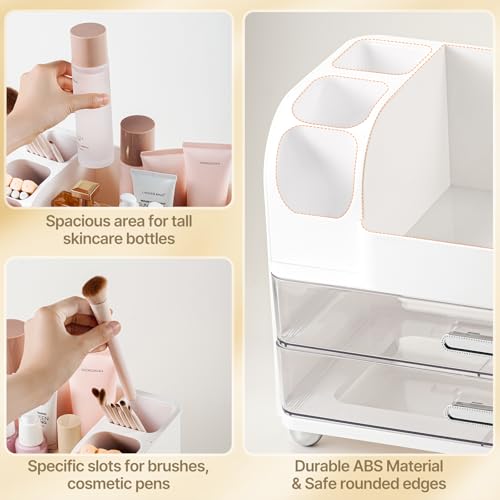White Makeup Organizer with 2 Drawers & Brush Holders - Vanity Storage