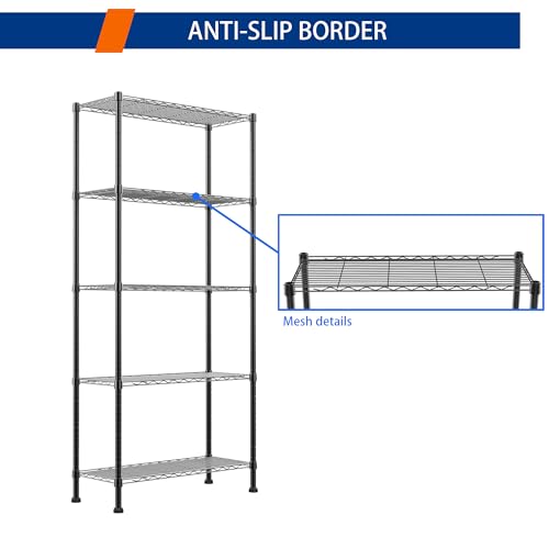 Black 5-Tier Adjustable Wire Shelving Unit - Heavy Duty Storage Rack for Kitchen, Bathroom, Laundry, Closet - 14.1"D x 30"W x 79"H