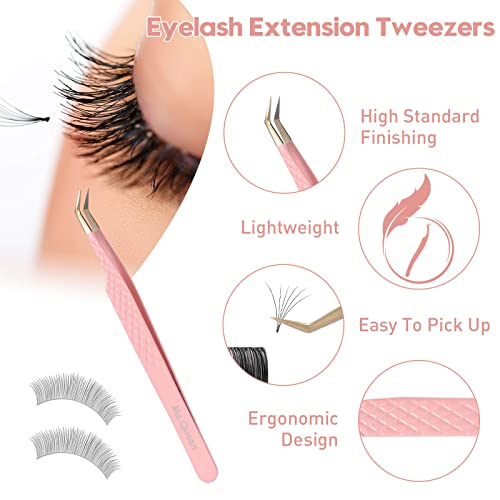 Ms.Queen Eyelash Extension Tweezers Set,Fiber Tip Volume Tweezers Curved 45 90 Degree Angled Tip Lash Tweezers for Mega Volume Mink Lashes