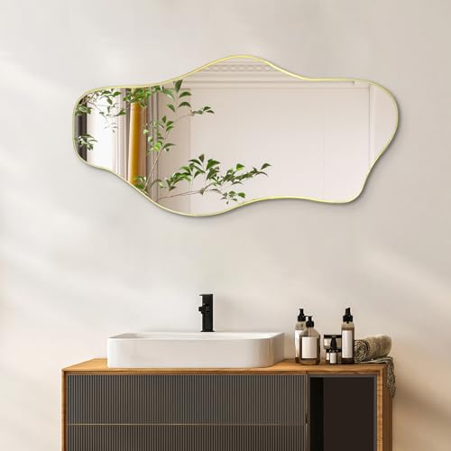 Gold Irregular Frameless Wall Mirror 35.8x17.7 Inches - Asymmetrical Decorative Mirror