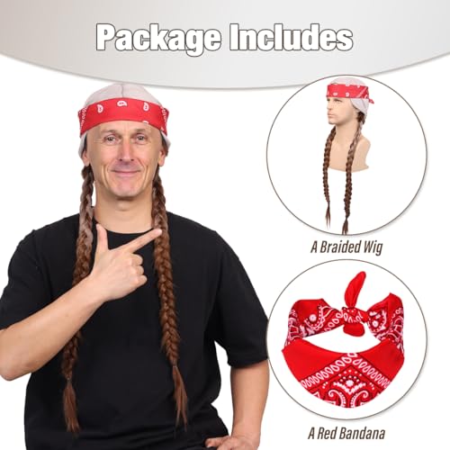 Gray with Brown Long Silvery Grey and Brown Pigtail Wig with Bandana Beard for Men Halloween Costume - Variation of THIS listing