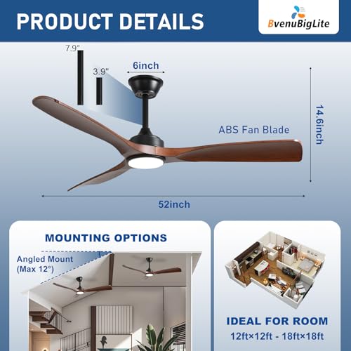Walnut Color 52 Inch Outdoor Ceiling Fan with Light and Remote Control