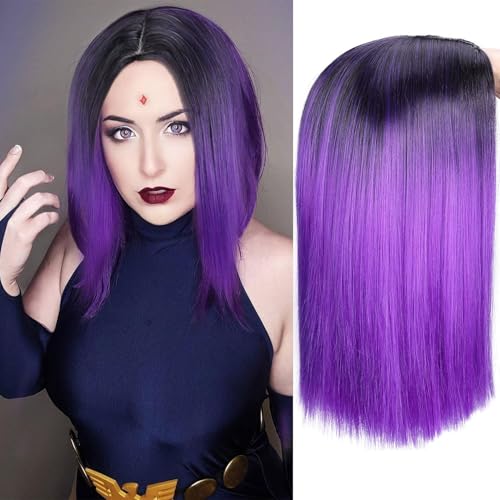 Ombre Purple Short Straight Wig for Women - Shoulder Length Synthetic Cosplay & Daily Wear - Variation: Ombre Purple