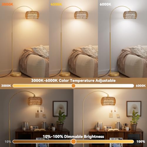 Ambimall Boho Arc Floor Lamp - Gold, Color Temp & Brightness Adjustable, Remote Control, Modern Lighting, Variation: Gold-Bohemian