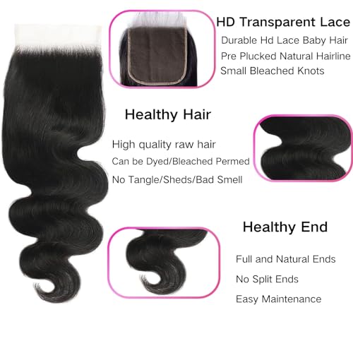 4x4 HD Lace Closure Human Hair Body Wave 16 Inch - Natural Black, Pre Plucked