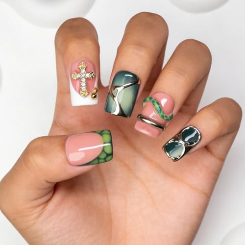 OCOUYVD Green Short Square Press On Nails with 3D Silver Embossed Designs and Rhinestones - Muti-Layer Gel Acrylic Fake Nails for Women, 10 Pcs