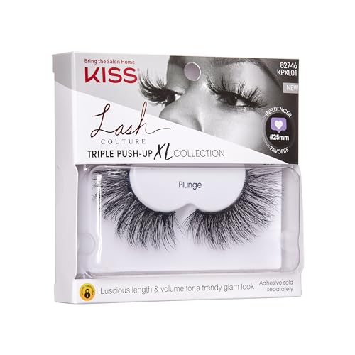 KISS Lash Couture Triple Push Up XL Collection False Eyelashes, 3D Volume in Extra Long Length with Triple Design Technology, Cruelty-Free and Reusable, Style 'Plunge', 1 Pair Fake Eyelashes