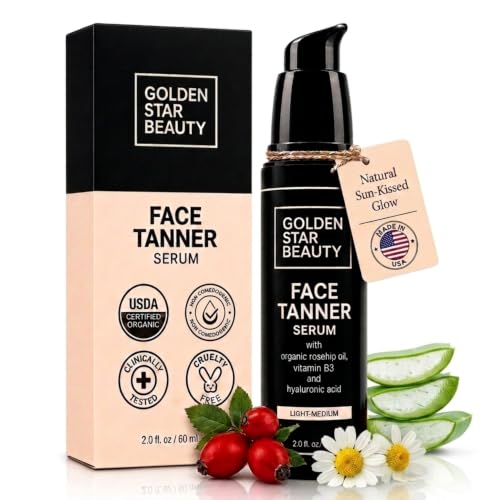 Self Tan Serum for Face - Light to Medium Sunless Tanner with Hyaluronic Acid & Organic Oils, Natural Glow, 2 Fl Oz - Variation of Light Medium Tan