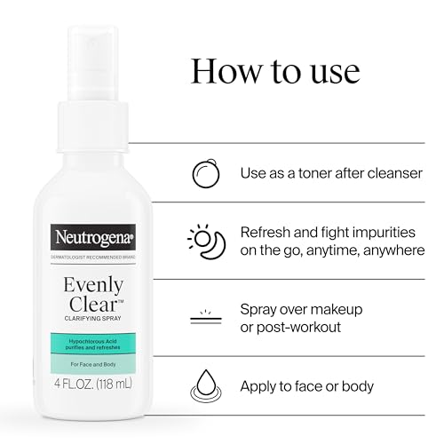 Neutrogena Evenly Clear Clarifying Hypochlorous Acid Spray, Purifying Face & Body Mist Helps Refresh Acne-Prone Skin While Fighting Impurities Anytime, Anywhere, 4 fl. oz