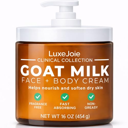 LuxeJoie Goat Milk Face & Body Cream, Fragrance Free Deep Moisturizer for Dry Sensitive Skin, Fast Absorbing Non-Greasy Hydration, 16 oz