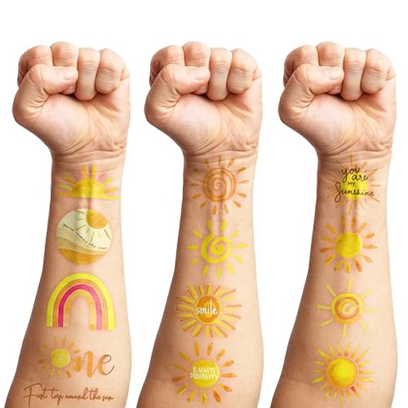 100PCS Boho Sunshine Sun Temporary Tattoos Themed Birthday Party Decorations Favors Supplies Decor Hello Sunshine Sunset Stickers Cute Gifts for Game Kids Boys Girls Class Prizes Carnival