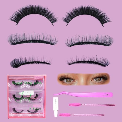 3 Pairs D curl lashes,Cat Eye Faux Mink Russian Lashes,Fluffy Volume False Eyelashes Strip that Look Like extensions,Dramatic Glam Natural Wispy Lightweight Reusable DD Curl Lash Set(Jasmine)