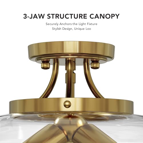 Gold Semi Flush Mount Ceiling Light with Clear Glass Shade - 13.8 Inch Modern Fixture