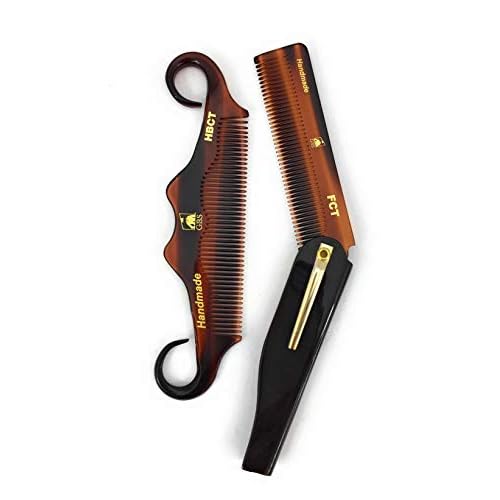 GENTS Handmade Portable Mustache Beard Comb Set - 2 Pocket Sized Foldable Fine Tooth Grooming Combs