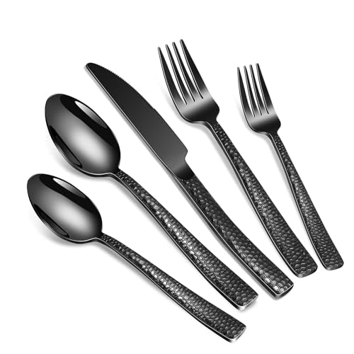 40-Piece Black Silverware Set - Stainless Steel Flatware for 8 with Hammered Handles