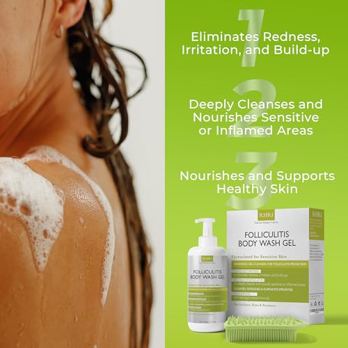 Folliculitis Treatment Folliculitis Body Wash Sensitive Skin | Gel Cleanser for Redness & Irritation with No Sulfates, Dyes or Parabens | Body Wash Includes Bonus Scrubber Brush