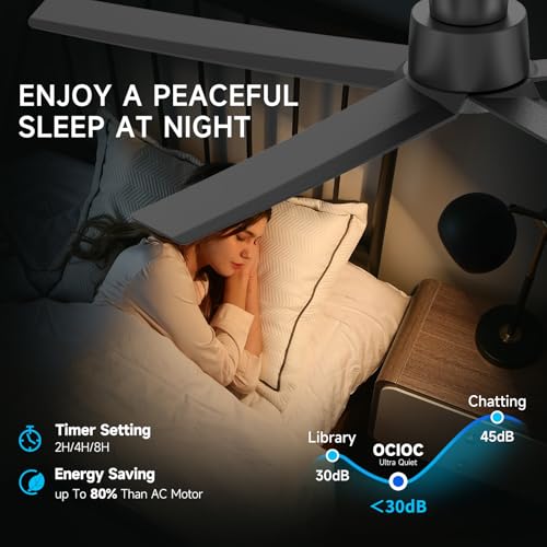 ocioc 52 Inch Black Modern Ceiling Fan with Lights & Remote – Reversible DC Motor