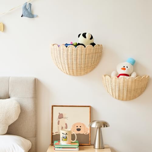 Large & Middle Scalloped Wicker Wall Basket Set - Handwoven Boho Rattan Wall Decor & Storage