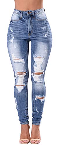 Women's High Waisted Ripped Skinny Jeans - Light Blue Stretch Denim Pants