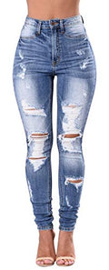 Women's High Waisted Ripped Skinny Jeans - Light Blue Stretch Denim Pants