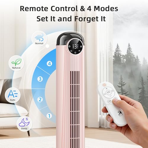 Pink 42 Inch Tower Fan with Remote, 6 Speeds & 4 Modes - Quiet Oscillating Bladeless Fan