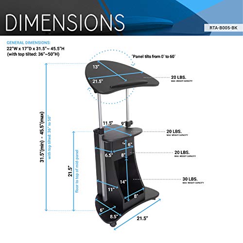 Black Adjustable Height Rolling Laptop Cart with Storage and Tilting Desktop — Techni Mobili