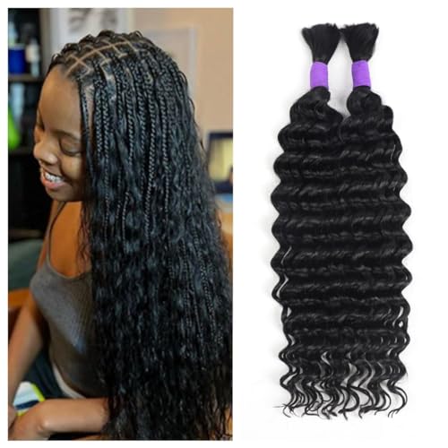 Deep Wave Bulk Human Hair for Braiding - 16 Inch Natural Black - No Weft - 100g