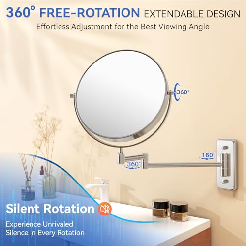 Auxmir 8'' Wall Mounted Makeup Mirror, 1X/20X Double-Sided Magnifying Mirror with Tweezer, HD Bathroom Makeup Mirror, Cosmetic Vanity Mirror with 360 Rotation Extendable Swivel Arm, Chrome