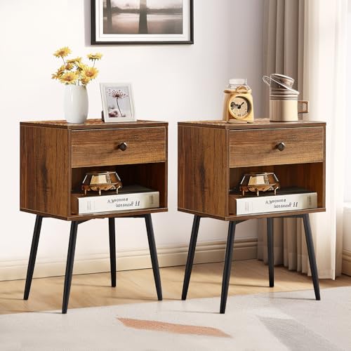 Set of 2 Rustic Brown Mid Century Nightstands with Storage Drawers & Open Shelves