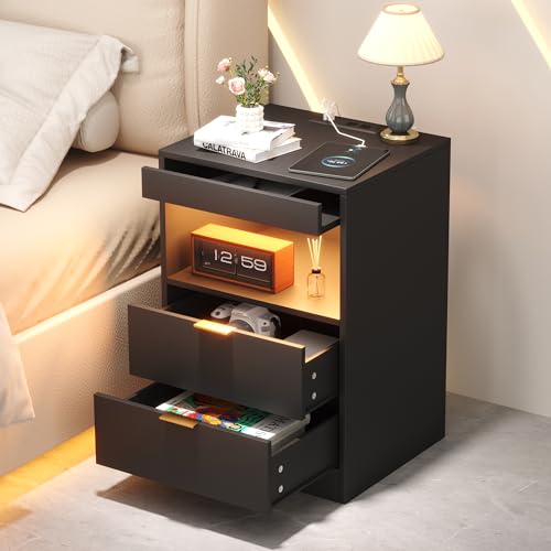 Yusong RGB LED Nightstand with Charging Station - Black 001